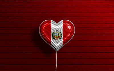 انا احب بيرو, 4 ك, بالونات واقعية, خلفية خشبية حمراء, أمريكا الجنوبية, قلب بيرو, الدول المفضلة, علم بيرو, بالون مع العلم, بيرو, أحب بيرو