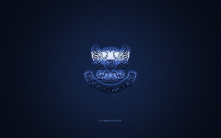 セントジョンストンFC, スコットランドのサッカークラブ, スコットランドプレミアシップ, 青いロゴ, 青い炭素繊維の背景, フットボール。, パース, スコットランド, セントジョンストンFCのロゴ