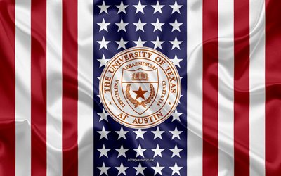 universit&#228;t von texas bei austin emblem, amerikanische flagge, universit&#228;t von texas bei austin logo, austin, texas, usa, universit&#228;t von texas bei austin
