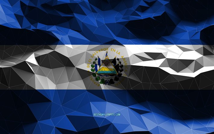 4k, bandiera salvadoregna, arte low poly, paesi nordamericani, simboli nazionali, bandiera di El Salvador, bandiere 3D, El Salvador, Nord America, bandiera 3D El Salvador