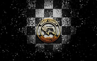 Derby County FC, glitter logo, EFL Championship, black white checkered background, soccer, english football club, Derby County logo, mosaic art, football, Derby County