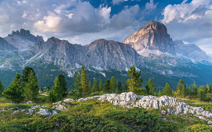 Dolomites, soir, coucher de soleil, Alpes, paysage de montagne, rochers, for&#234;t, Italie