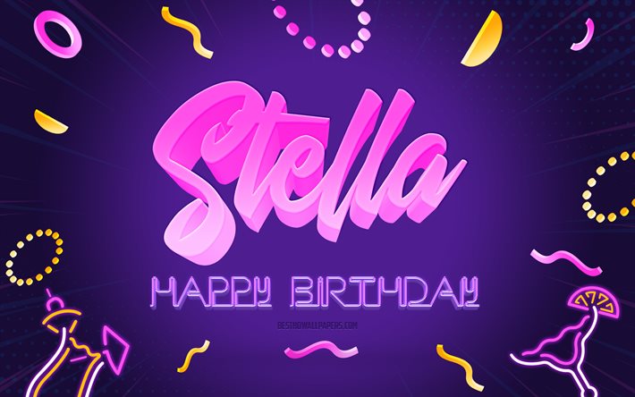 お誕生日おめでとうステラ, 4k, 紫のパーティーの背景, ステラ, クリエイティブアート, ステラお誕生日おめでとう, ステラ名, ステラの誕生日, 誕生日パーティーの背景