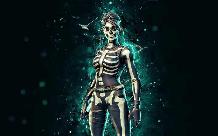 Skull Ranger, 4k, mavi neon ışıklar, Fortnite Battle Royale, Fortnite karakterleri, Skull Ranger Skin, Fortnite, Skull Ranger Fortnite
