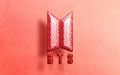 4K, BTS 3D-logo, kuvitus, Bangtan Boys -logo, korealainen yhtye, vaaleanpunaiset realistiset ilmapallot, Bangtan Boys, BTS-logo, vaaleanpunaiset taustat, BTS