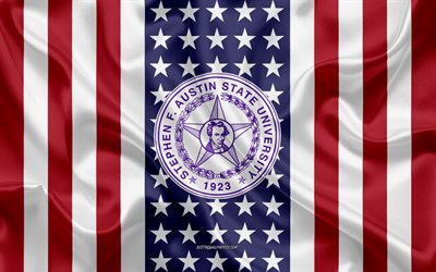 Stephen F Austin State University Emblem, American Flag, Stephen F Austin State University logo, Nacogdoches, Texas, USA, Stephen F Austin State University