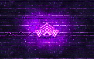 Warframe violet logo, 4k, violet brickwall, artwork, Warframe logo, RPG, Warframe neon logo, Warframe
