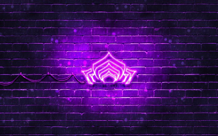 Warframe-violetti logo, 4k, violetti tiilisein&#228;, kuvitus, Warframe-logo, RPG, Warframe-neonlogo, Warframe