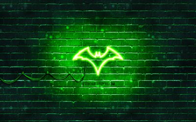 バットウーマンの緑のロゴ, 4k, 緑のブリックウォール, バットウーマンのロゴ, スーパーヒーロー, バットウーマンネオンロゴ, DCコミック。, バットウーマン