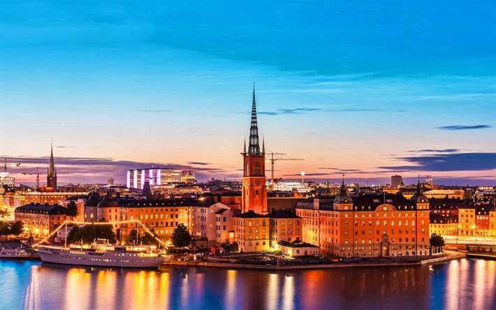 Stoccolma, sera, tramonto, paesaggio urbano di Stoccolma, panorama di Stoccolma, Svezia, Scandinavia