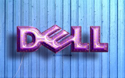 4k, Dell-logotyp, violett realistiska ballonger, Dell 3D-logotyp, blå träbakgrund, Dell