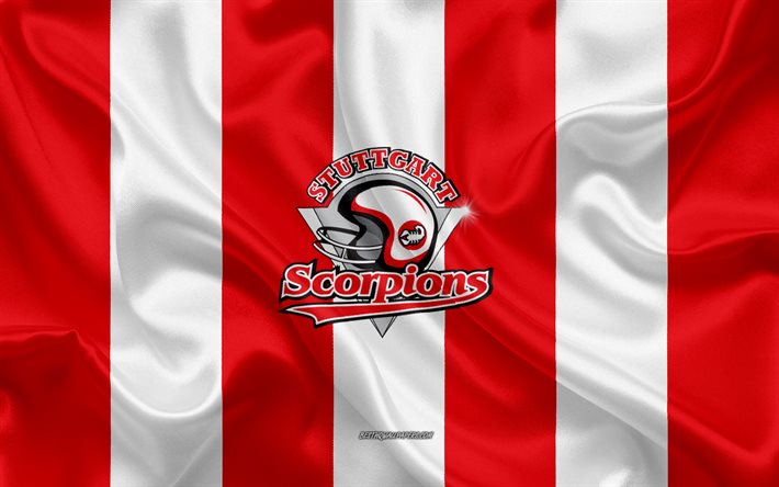 Stuttgart Scorpions, Alman Amerikan Futbol Kul&#252;b&#252;, GFL, kırmızı beyaz ipek bayrak, Stuttgart Scorpions logosu, Alman Futbol Ligi, Amerikan Futbolu, Stuttgart, Almanya