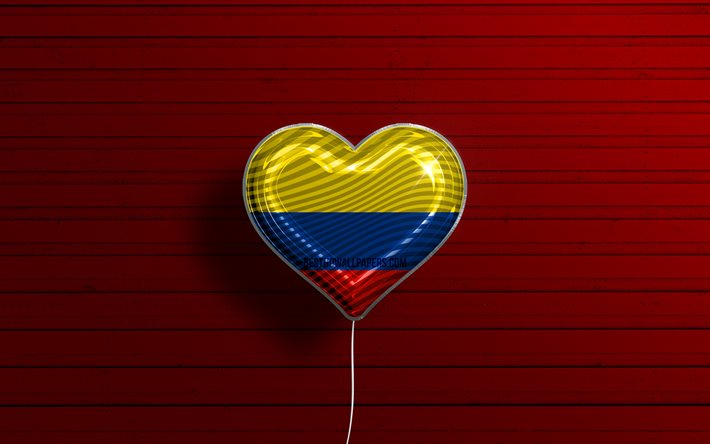 Rakastan Kolumbiaa, 4k, realistiset ilmapallot, punainen puinen tausta, Etel&#228;-Amerikan maat, Kolumbian syd&#228;n, suosikkimaat, Kolumbian lippu, ilmapallo lipulla, Etel&#228;-Amerikka, Kolumbia