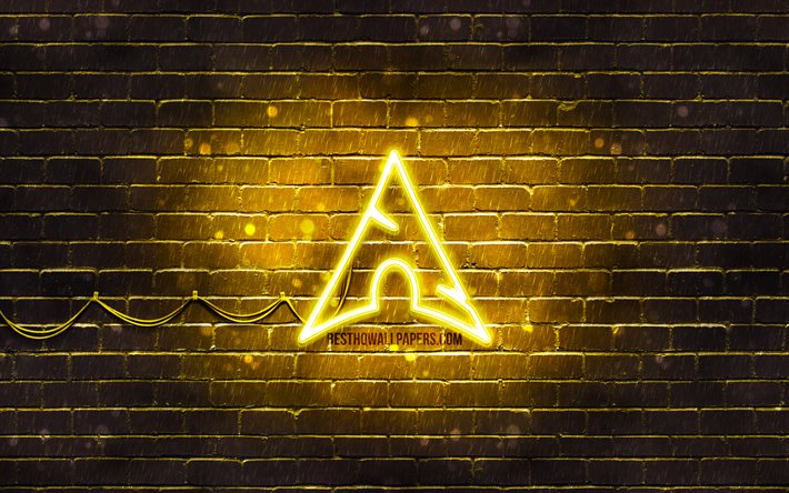Logotipo amarelo do Arch Linux, 4k, OS, brickwall amarelo, logotipo do Arch Linux, Linux, logotipo de n&#233;on do Arch Linux, Arch Linux