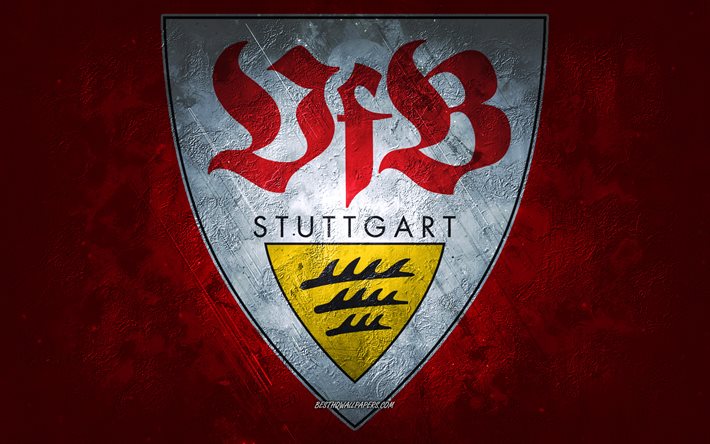 VfB Stuttgart, club de football allemand, fond de pierre rouge, logo du VfB Stuttgart, art grunge, Bundesliga, football, Allemagne, embl&#232;me du VfB Stuttgart
