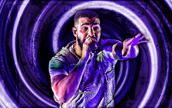 4k, Drake, violett grunge bakgrund, amerikansk rappare, musikstj&#228;rnor, Drake med mikrofon, vortex, Aubrey Drake Graham, kreativ, Drake 4K