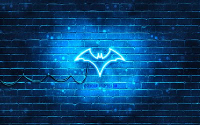 blaues batwoman-logo, 4k, blaue backsteinmauer, batwoman-logo, superhelden, batwoman-neon-logo, dc comics, batwoman