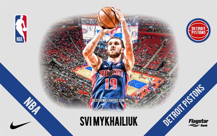 Svi Mykhailiuk, Detroit Pistons, jogador de basquete ucraniano, NBA, retrato, EUA, basquete, Little Caesars Arena, logotipo do Detroit Pistons
