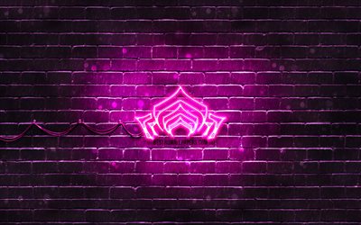 Warframe purple logo, 4k, purple brickwall, artwork, Warframe logo, RPG, Warframe neon logo, Warframe