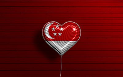 J&#39;aime Singapour, 4k, ballons r&#233;alistes, fond en bois rouge, pays asiatiques, coeur de drapeau singapourien, pays pr&#233;f&#233;r&#233;s, drapeau de Singapour, ballon avec drapeau, drapeau singapourien, Singapour, aime Singapour
