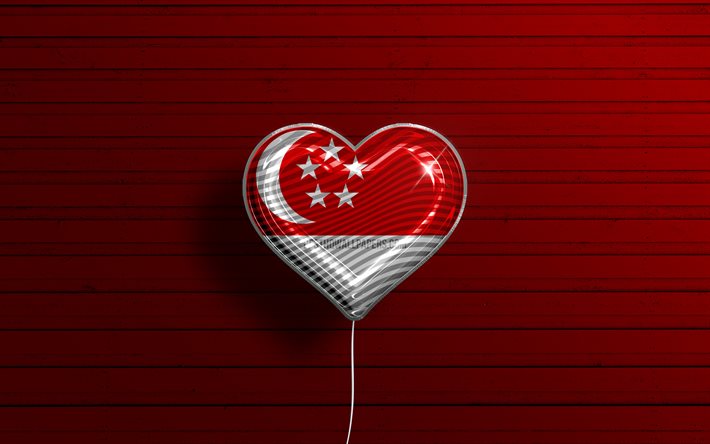 انا احب سنغافورة, 4 ك, بالونات واقعية, خلفية خشبية حمراء, البلدان الآسيوية, علم سنغافورة على شكل قلب, الدول المفضلة, علم سنغافورة, بالون مع العلم, سنغافورة, أحب سنغافورة
