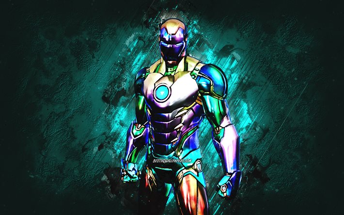 Fortnite Holo Foil Iron Man Skin, Fortnite, main characters, blue stone background, Holo Foil Iron Man, Fortnite skins, Holo Foil Iron Man Skin, Holo Foil Iron Man Fortnite, Fortnite characters