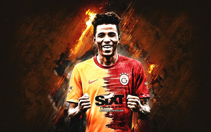 Gedson Fernandes, Galatasaray, portugisisk fotbollsspelare, orange stenbakgrund, fotboll, Turkiet