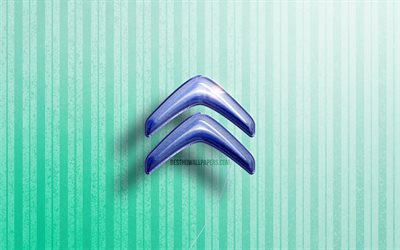 4k, Citroen 3D logo, blue realistic balloons, cars brands, Citroen logo, blue wooden backgrounds, Citroen