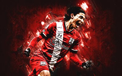 Takumi Minamino, Southampton FC, Japanese footballer, portrait, red stone background, Premier League, football