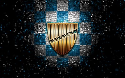 Godoy Cruz FC, glitter logo, Argentine Primera Division, blue white checkered background, soccer, argentinian football club, Godoy Cruz logo, mosaic art, football, Club Deportivo Godoy Cruz Antonio Tomba