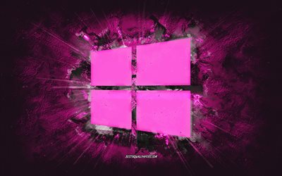Windowsロゴ, グランジアート, ピンクの石の背景, Microsoft Windows 10, Windowsピンクのロゴ, Windows, クリエイティブアート, ピンクのWindows10ロゴ