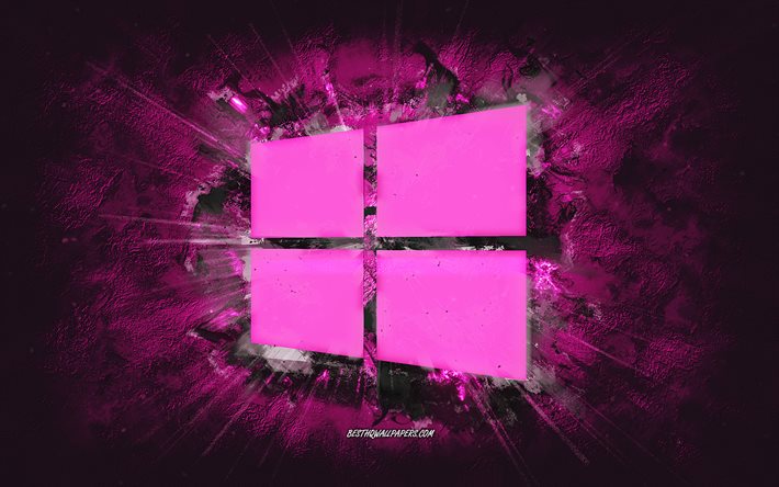 windows-logo, grunge-kunst, rosa steinhintergrund, windows 10-logo, windows-rosa-logo, windows, kreative kunst, rosa windows 10-logo