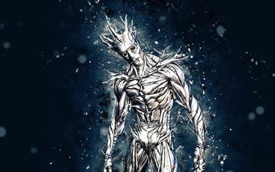 Silver Foil Groot, 4k, luzes de n&#233;on azuis, Fortnite Battle Royale, personagens Fortnite, Silver Foil Groot Skin, Fortnite, Silver Foil Groot Fortnite
