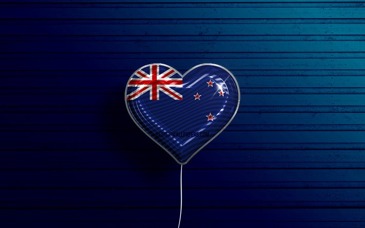 I Love New Zealand, 4k, realistic balloons, blue wooden background, Oceanian countries, New Zealand flag heart, favorite countries, flag of New Zealand, balloon with flag, New Zealand flag, Oceania