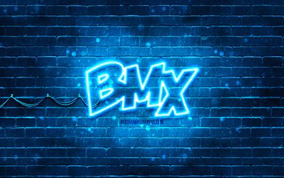 logotipo azul bmx, 4k, parede de tijolo azul, logotipo bmx, marcas, logotipo bmx neon, bmx