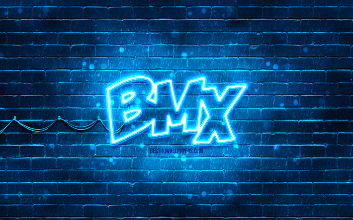 BMX blue logo, 4k, blue brickwall, BMX logo, brands, BMX neon logo, BMX