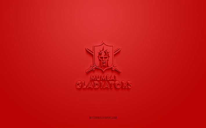 mumbai gladiators, luova 3d-logo, punainen tausta, efli, intialainen amerikkalainen jalkapalloseura, intian eliittijalkapalloliitto, mumbai, intia, amerikkalainen jalkapallo, mumbai gladiators 3d -logo