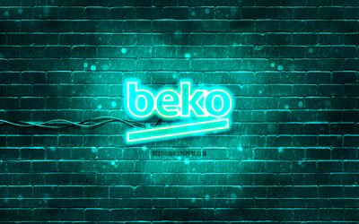 logotipo de beko turquesa, 4k, pared de ladrillo turquesa, logotipo de beko, marcas, logotipo de ne&#243;n de beko, beko