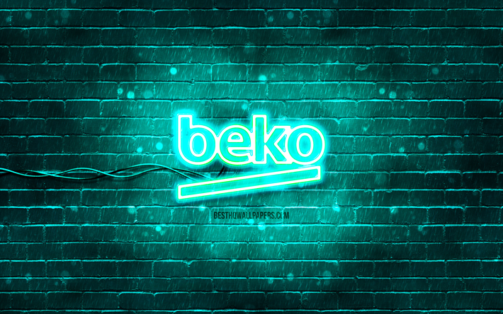 beko turkuaz logo, 4k, turkuaz tuğla duvar, beko logosu, markalar, beko neon logosu, beko