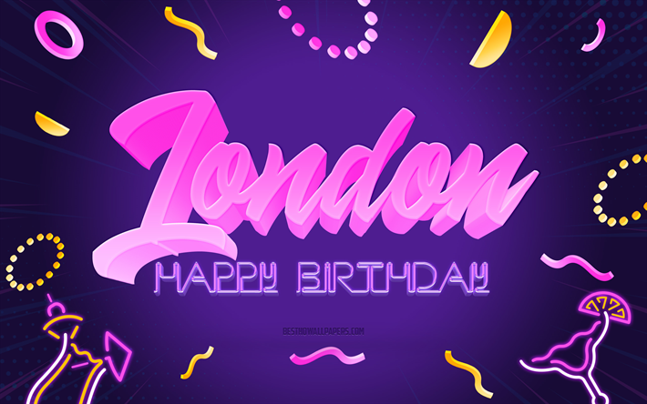happy birthday london, 4k, purple party background, londres, arte creativo, happy london birthday, london name, london birthday, birthday party background