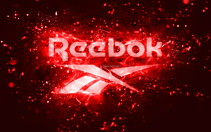 Reebok red logo, 4k, red neon lights, creative, red abstract background, Reebok logo, brands, Reebok