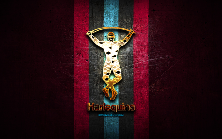 Harlequin FC, golden logo, Premiership Rugby, purple metal background, english rugby club, Harlequin FC logo, rugby