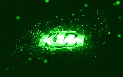 KTM green logo, 4k, green neon lights, creative, green abstract background, KTM logo, brands, KTM