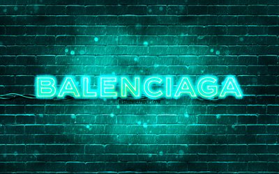 Balenciaga turquoise logo, 4k, turquoise brickwall, Balenciaga logo, brands, Balenciaga neon logo, Balenciaga