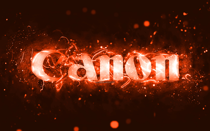 canon turuncu logo, 4k, turuncu neon ışıklar, yaratıcı, turuncu soyut arka plan, canon logosu, markalar, canon