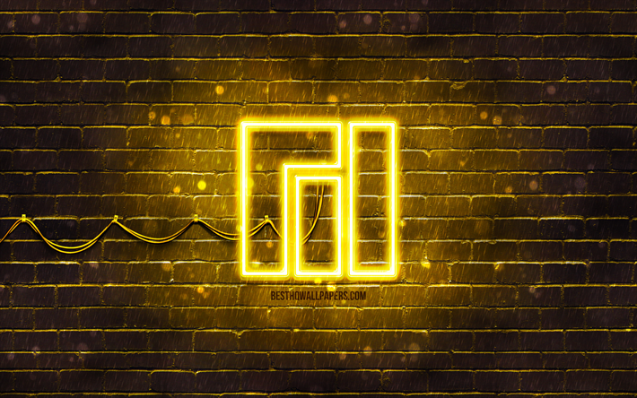 logo jaune manjaro, mur de briques jaune, 4k, nouveau logo manjaro, linux, logo manjaro n&#233;on, logo manjaro, manjaro