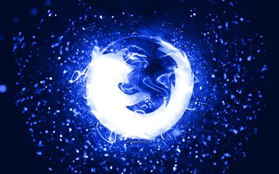 mozilla logotipo azul escuro, 4k, luzes de neon azul escuro, fundo criativo, azul escuro abstrato, logotipo da mozilla, marcas, mozilla