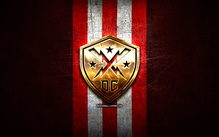 dc defenders, gyllene logotyp, xls, r&#246;d metallbakgrund, amerikanskt fotbollslag, dc defenders logotyp, amerikansk fotboll