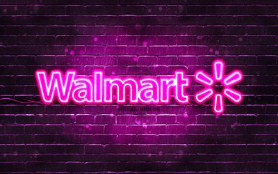 ウォルマート・パープルのロゴ, 4k, 紫のレンガ壁, ウォルマートのロゴ, ブランド, ウォルマート・ネオンのロゴ, ウォルマート