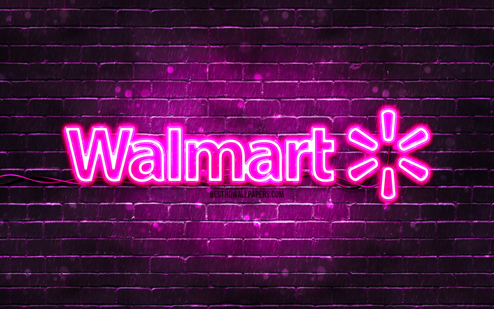 walmart lila logo, 4k, lila brickwall, walmart logo, marken, walmart neon logo, walmart